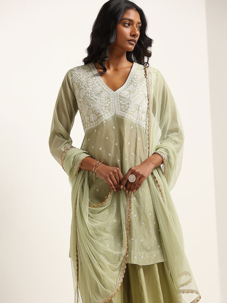 Vark Sage A-line Kurta, Palazzos and Dupatta Set