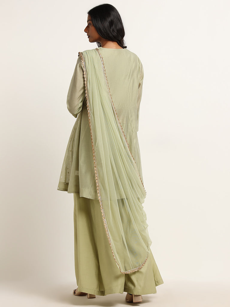 Vark Sage A-line Kurta, Palazzos and Dupatta Set