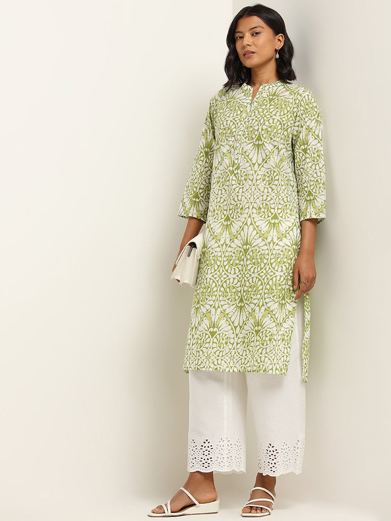 Utsa Green Straight Fit Printed Cotton Kurta