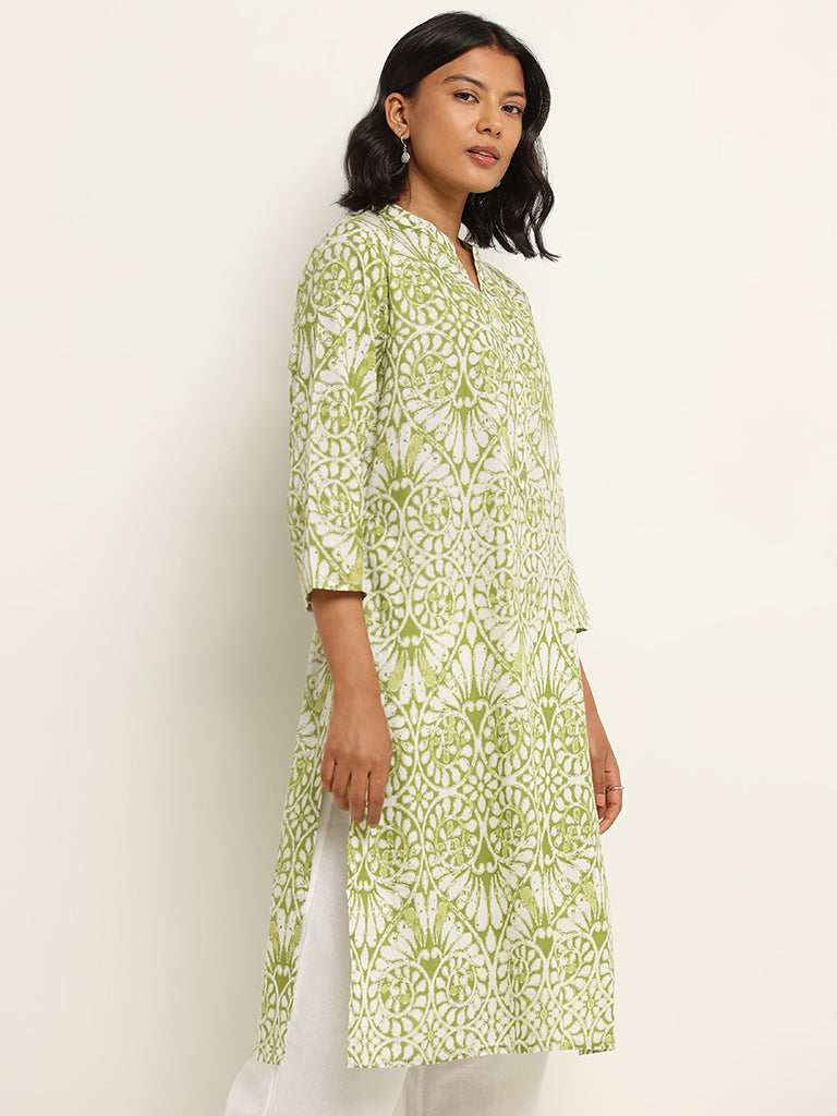 Utsa Green Straight Fit Printed Cotton Kurta