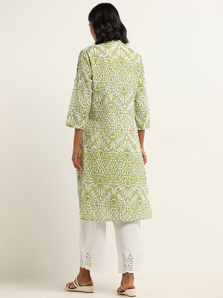 Utsa Green Straight Fit Printed Cotton Kurta