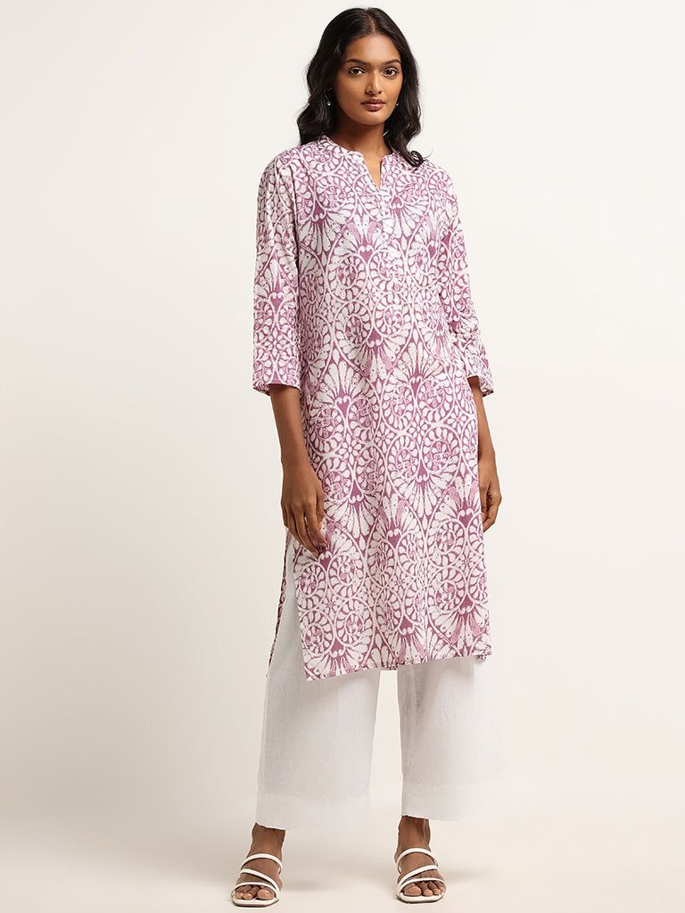 Utsa Lilac Straight-Fit Printed Cotton Kurta