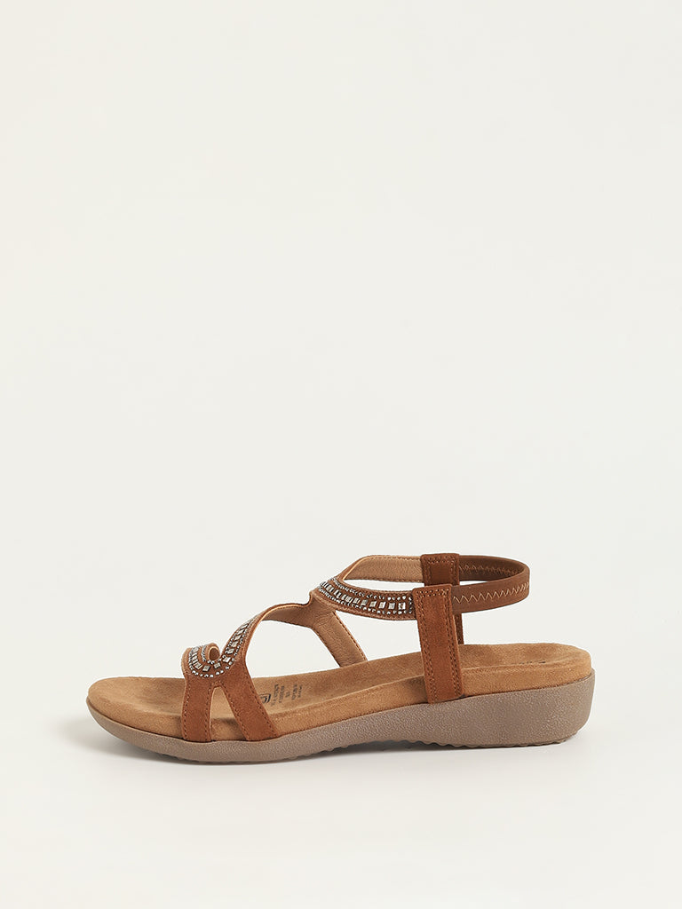 LUNA BLU Brown Embellished Faux Suede Sandals