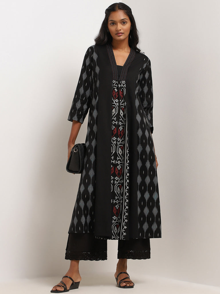 Utsa Black Block-Printed Cotton A-Line Kurta