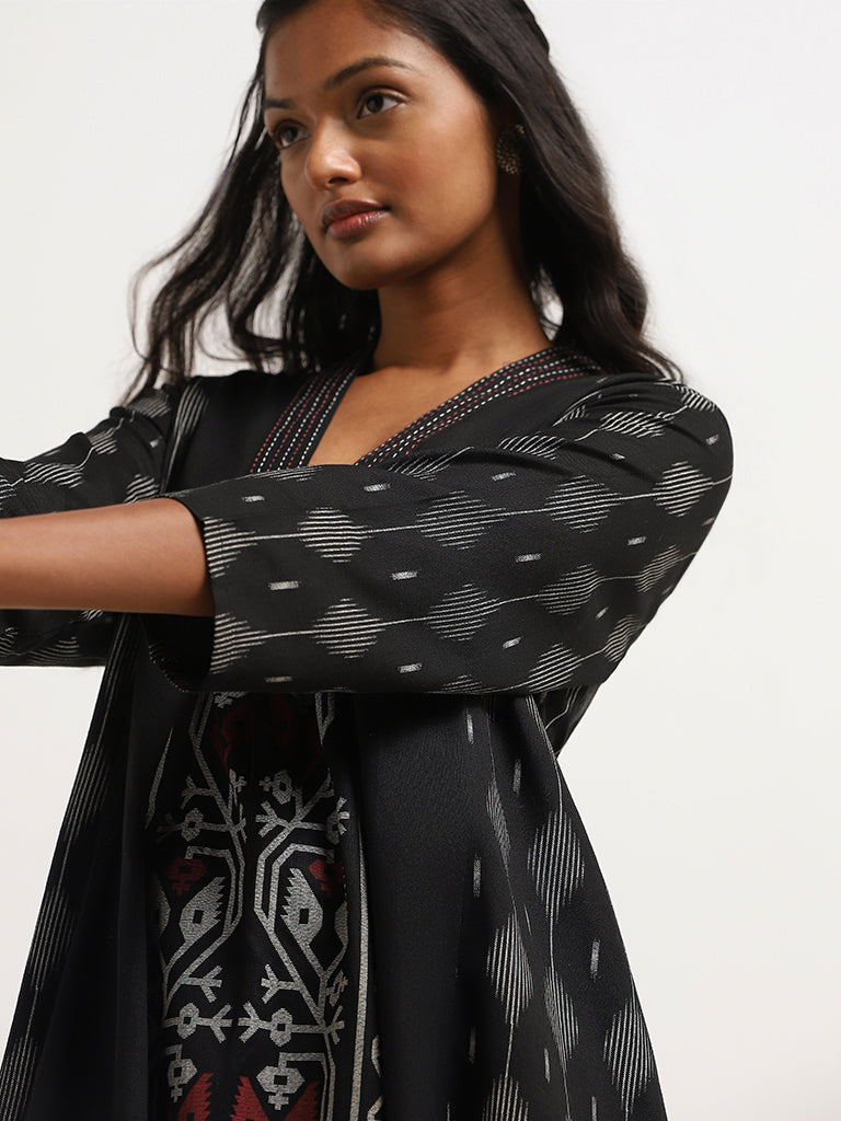 Utsa Black Block-Printed Cotton A-Line Kurta