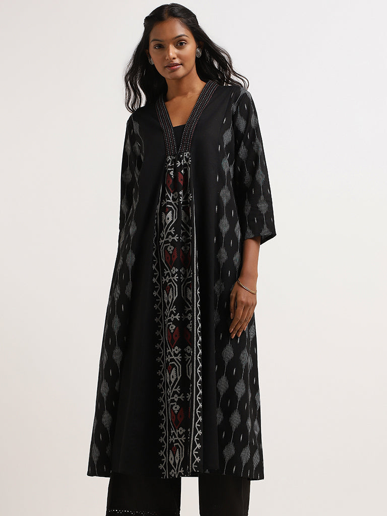 Utsa Black Block-Printed Cotton A-Line Kurta