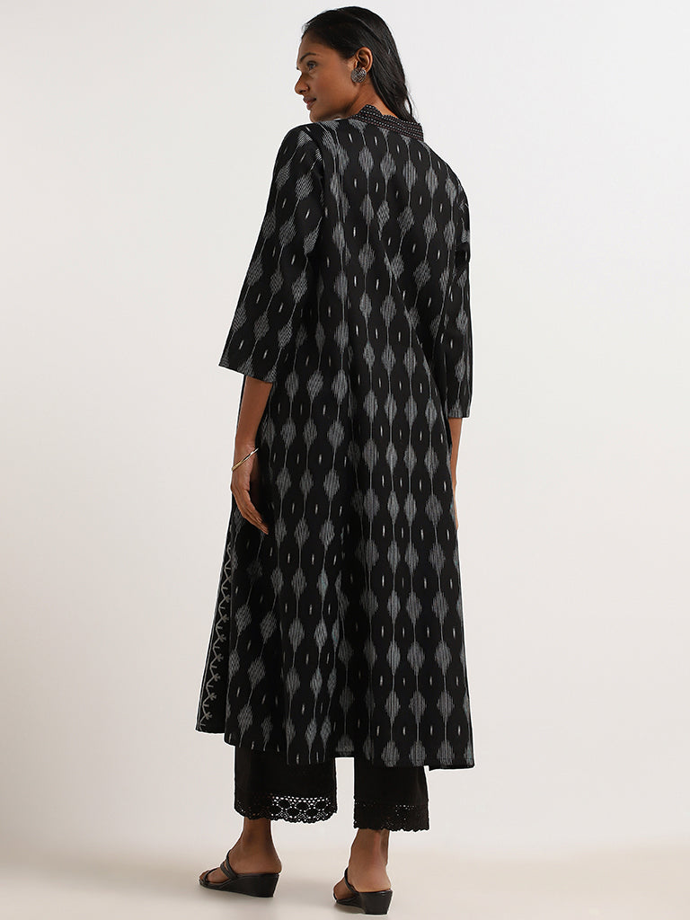 Utsa Black Block-Printed Cotton A-Line Kurta