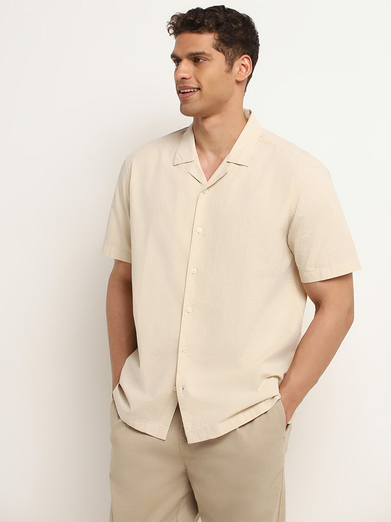 WES Casuals Beige Solid Cotton Relaxed Fit Shirt