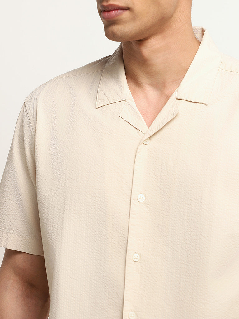 WES Casuals Beige Solid Cotton Relaxed Fit Shirt