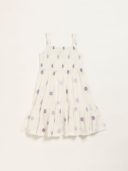 Utsa Kids Purple Embroidered Cotton Smocked Sundress (2 - 8yrs)