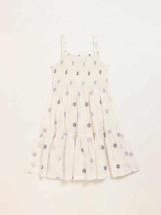 Utsa Kids Purple Embroidered Cotton Smocked Sundress (8 -14yrs)