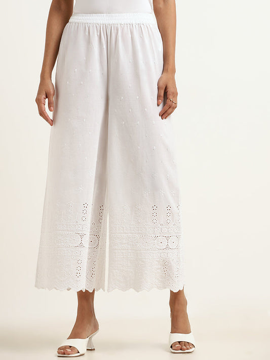 Zuba White Cotton Schiffli Pants