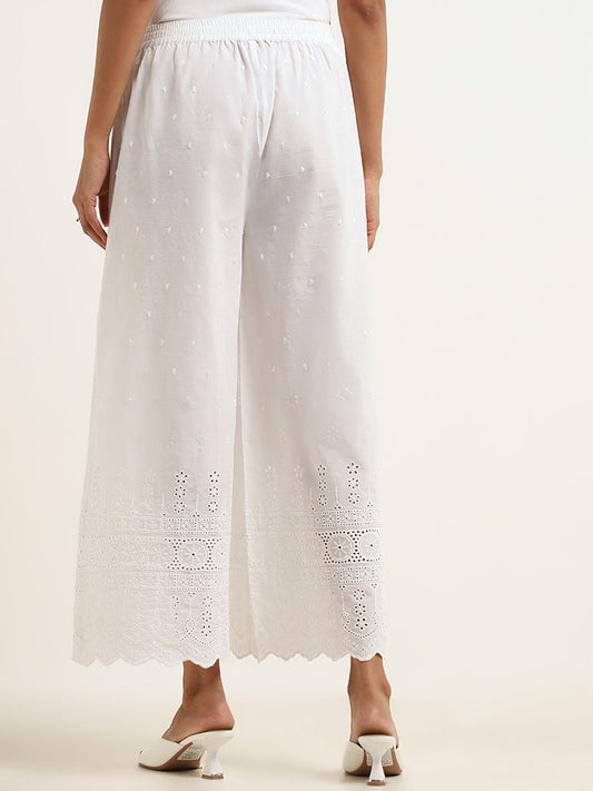 Zuba White Cotton Schiffli Pants