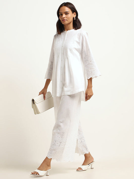 Zuba White Cotton Schiffli Pants