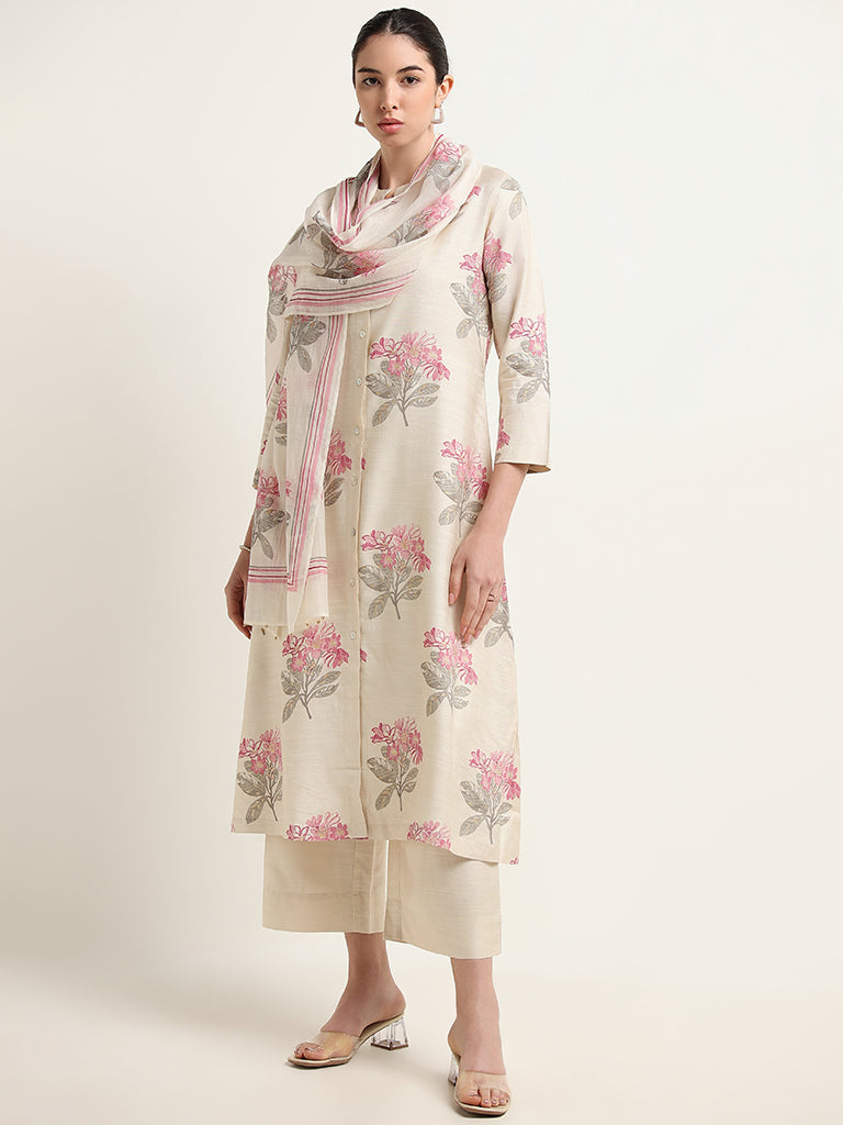 Zuba Off-White Floral Print Cotton Blend Stole