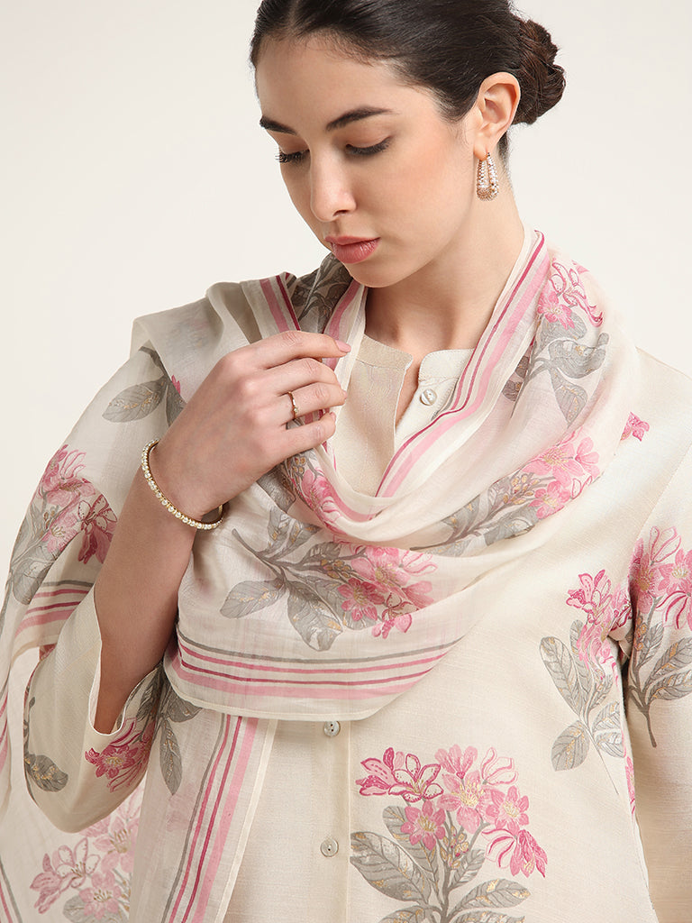 Zuba Off-White Floral Print Cotton Blend Stole