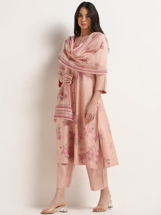 Zuba Peach Floral Print Cotton Blend Dupatta