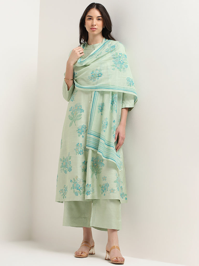 Zuba Green Floral Print Cotton Blend Dupatta