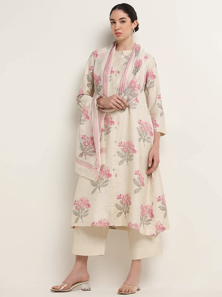 Zuba Off-White Straight Fit Printed Kurta