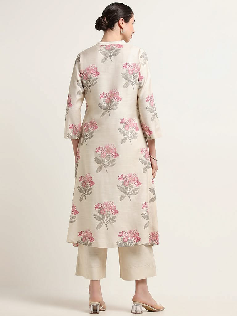 Zuba Off-White Straight Fit Printed Kurta