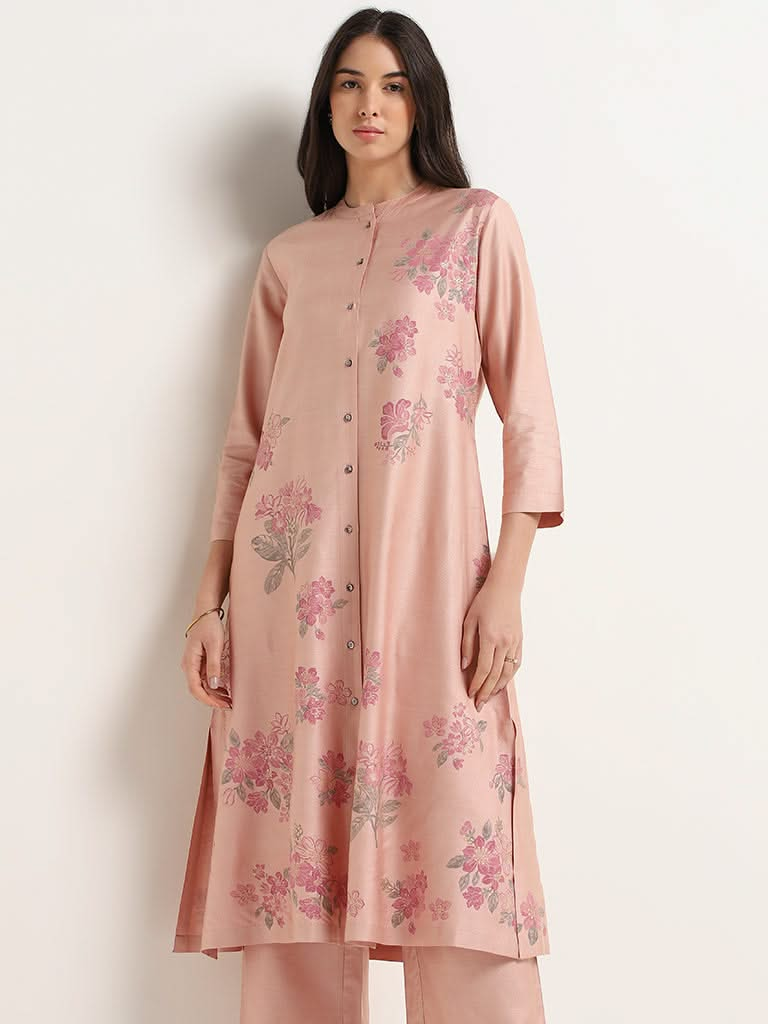 Zuba Peach Floral Print Cotton Blend A-Line Kurta