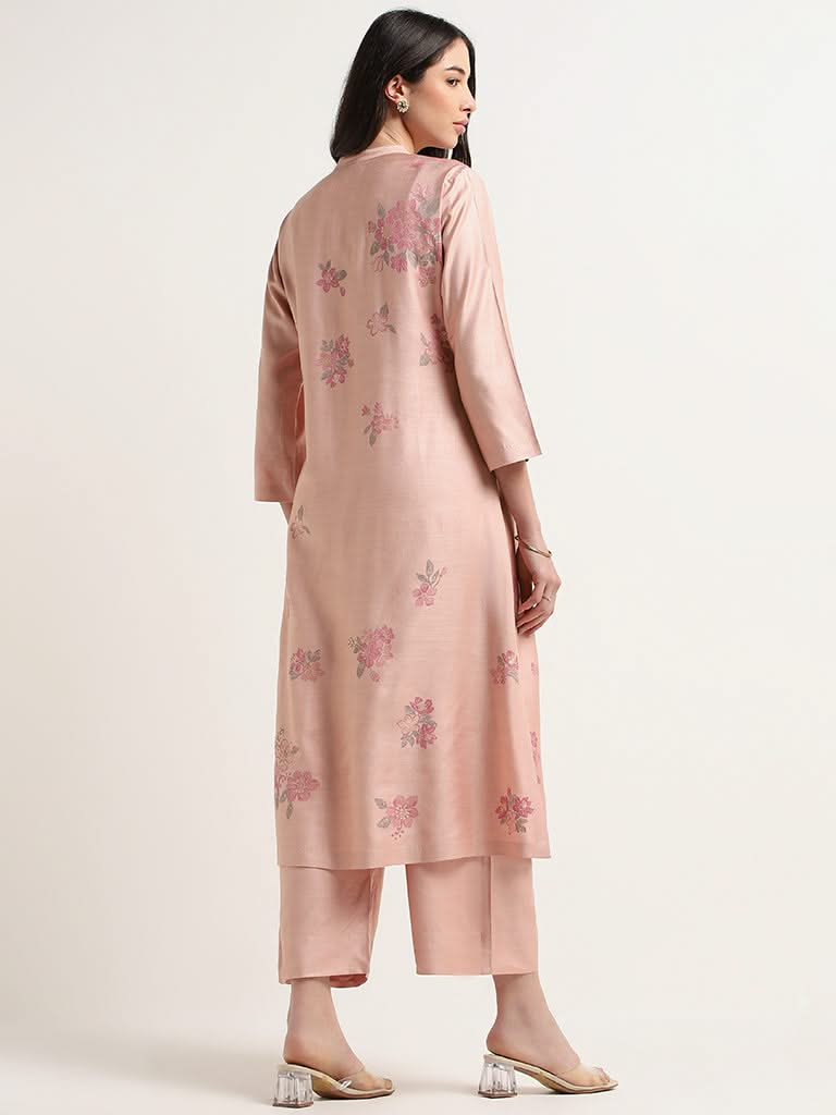 Zuba Peach Floral Print Cotton Blend A-Line Kurta