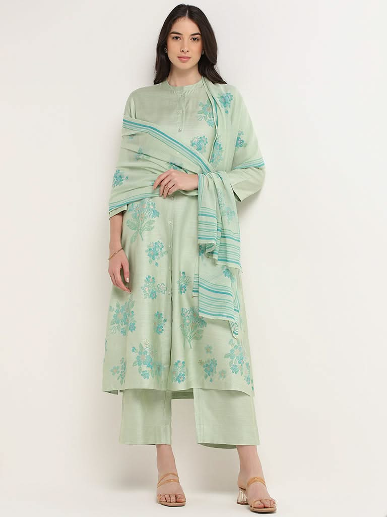 Zuba Green Floral Print Cotton Blend A-Line Kurta