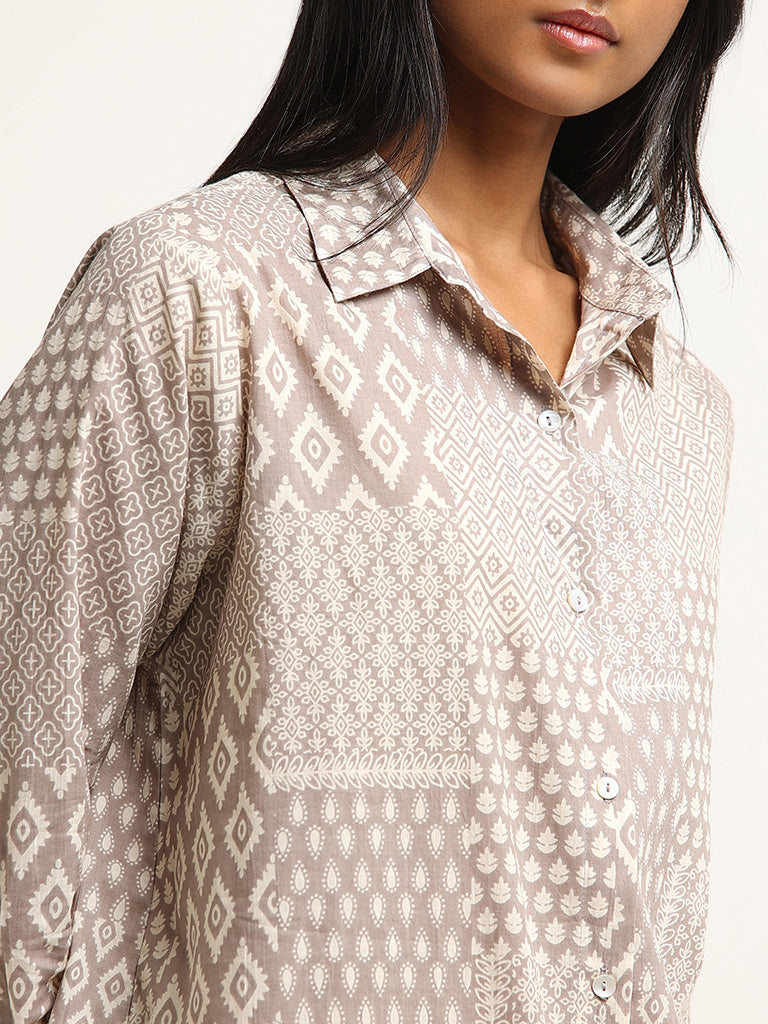 Utsa Beige Printed Patchwork Cotton Tunic