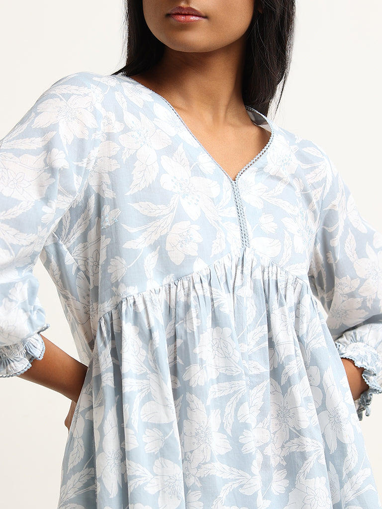 Utsa Blue Floral Print Cotton Kurti