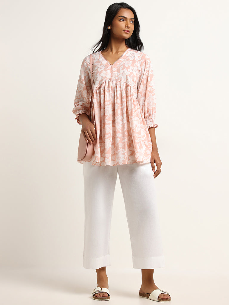 Utsa Peach Floral Print Cotton Kurti