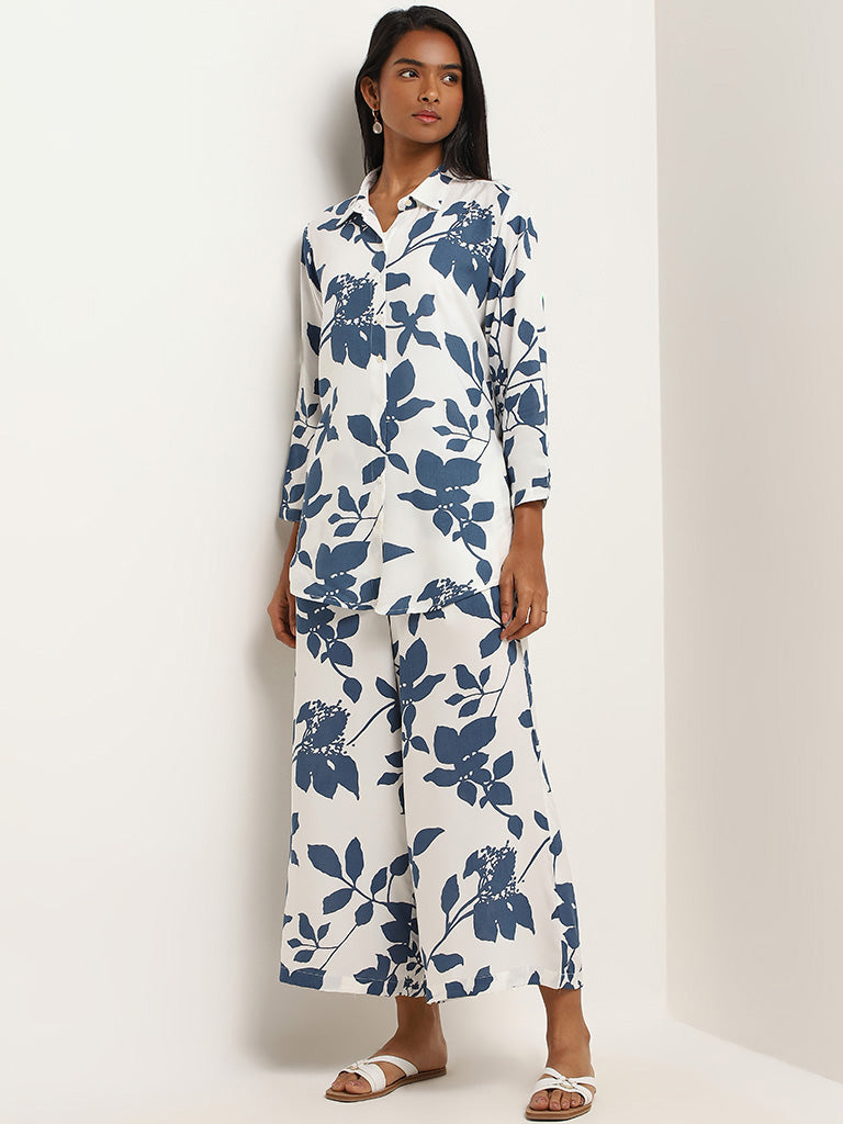 Utsa Blue Floral Mid Rise Pants