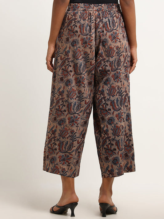 Utsa Beige Floral Print Wide Leg Pants