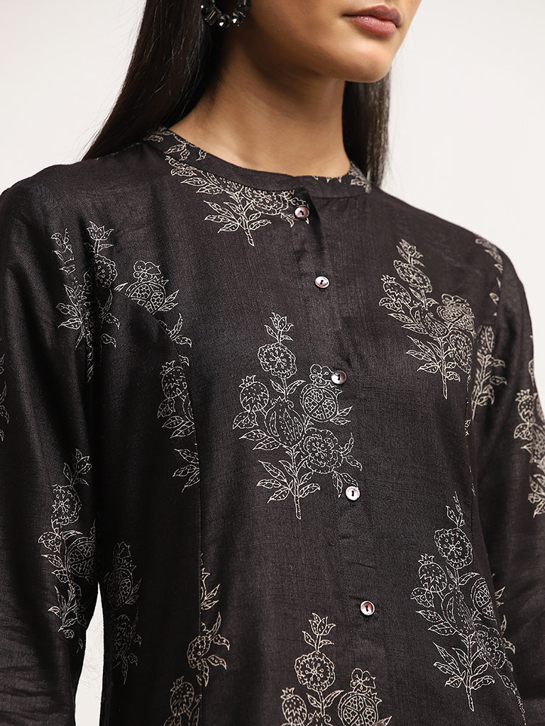 Zuba Black Anar Printed A-Line Kurta