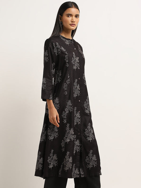 Zuba Black Anar Printed A-Line Kurta