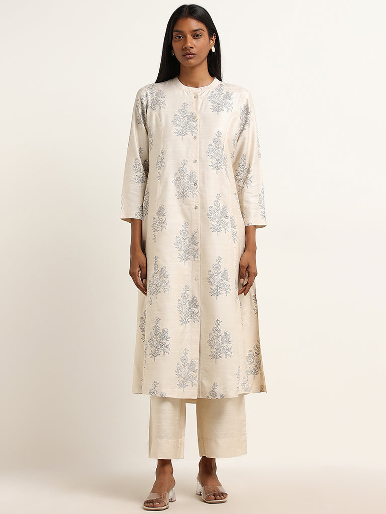 Zuba Off-White Floral Printed A-Line Kurta