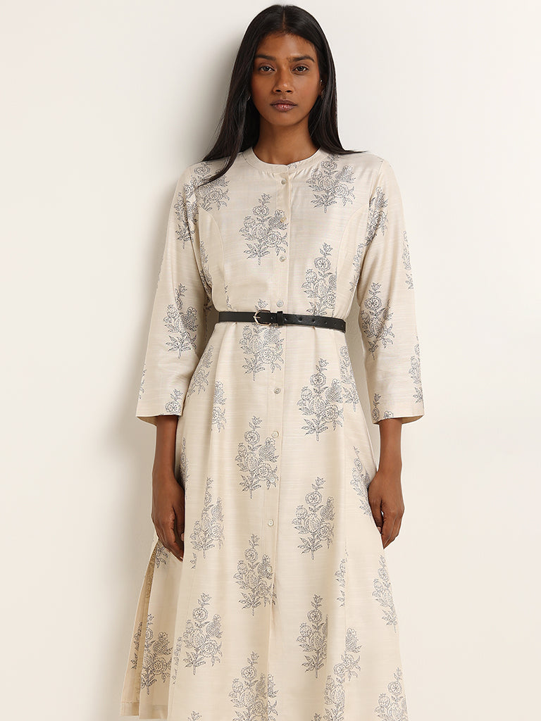 Zuba Off-White Floral Printed A-Line Kurta