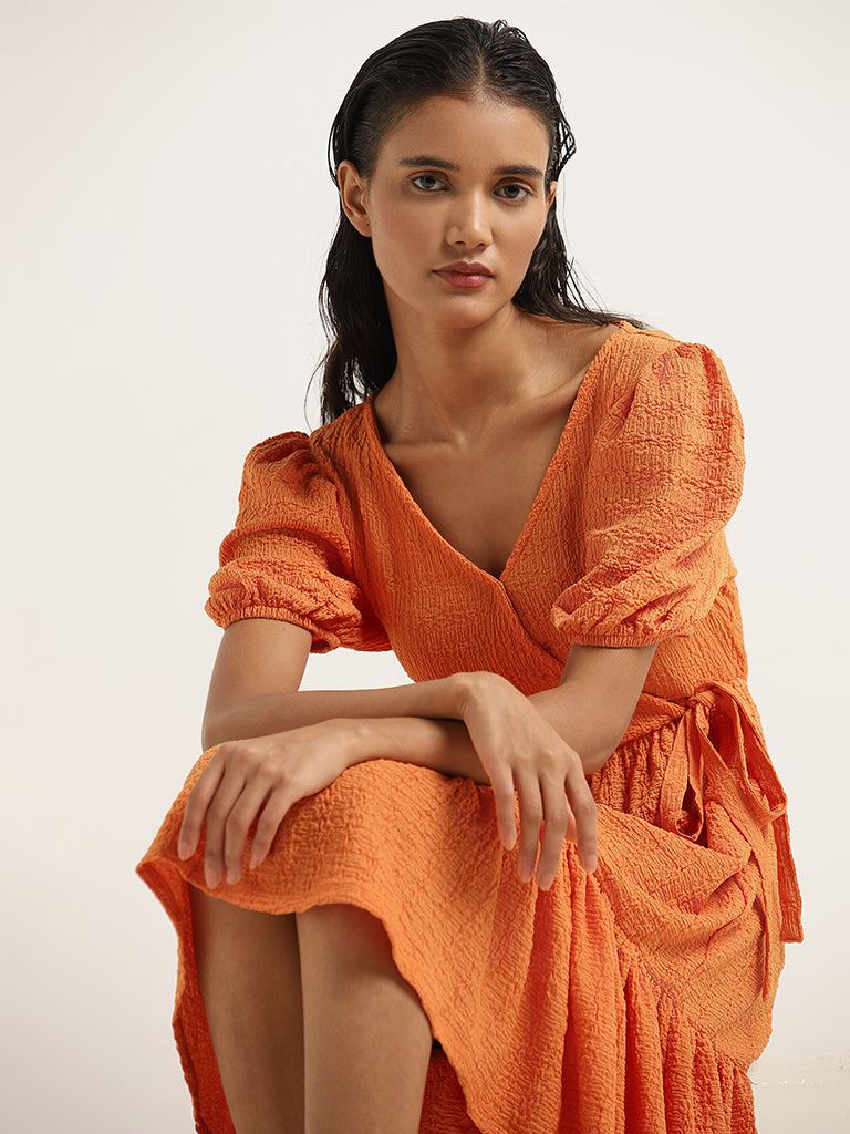 LOV Orange Self Patterned Tiered Dress