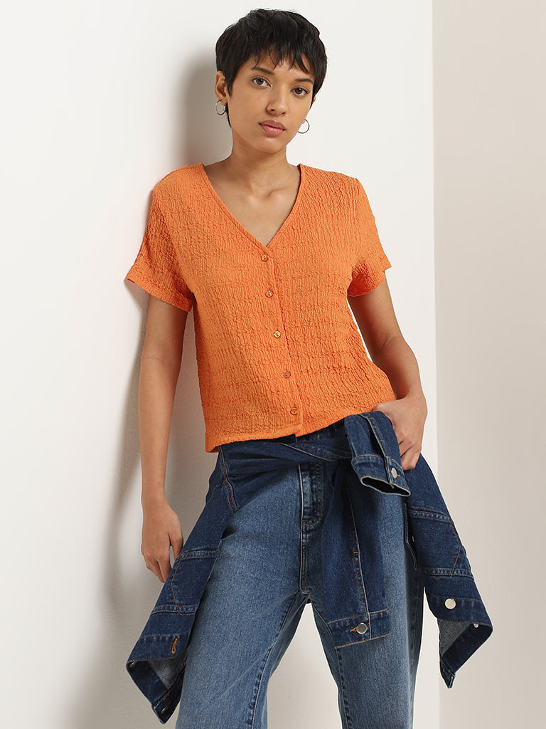 LOV Orange Crinkled Button-Front Top