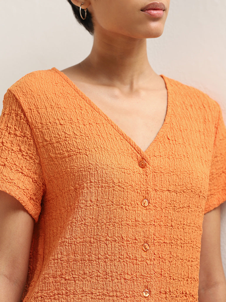 LOV Orange Crinkled Button-Front Top