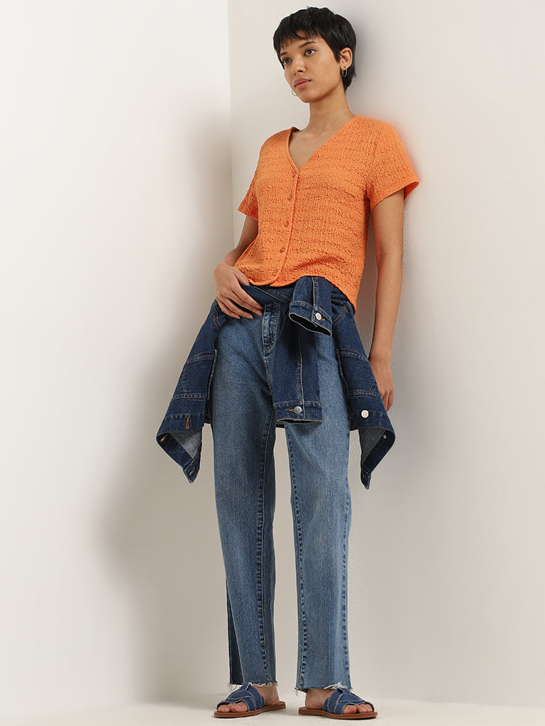 LOV Orange Crinkled Button-Front Top