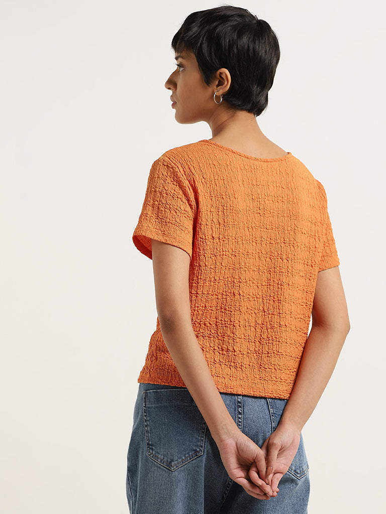 LOV Orange Crinkled Button-Front Top