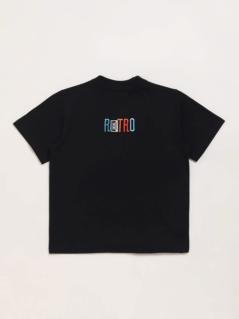 Y&F Kids Black Embroidered T-Shirt