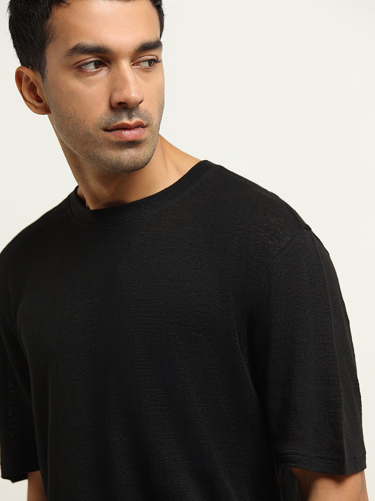 Ascot Black Linen Solid Relaxed Fit T-Shirt