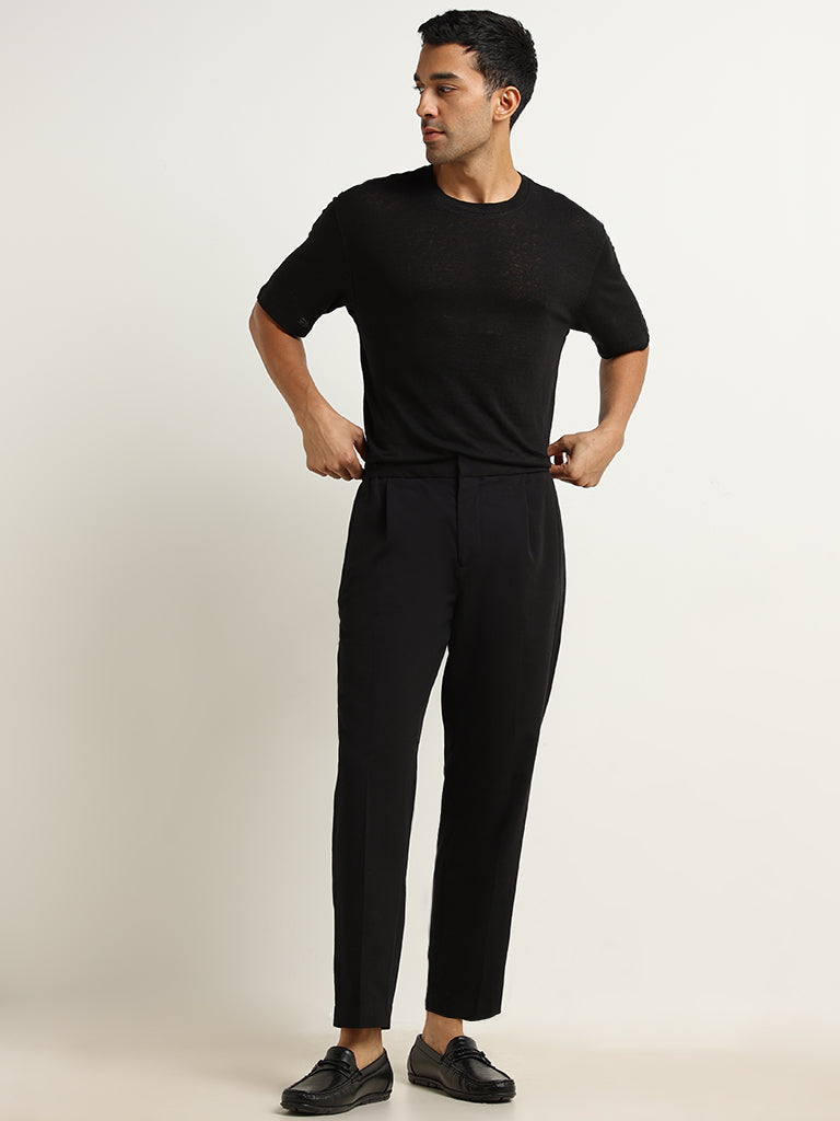 Ascot Black Linen Solid Relaxed Fit T-Shirt