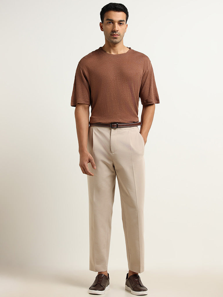 Ascot Brown Linen Solid Relaxed Fit T-Shirt