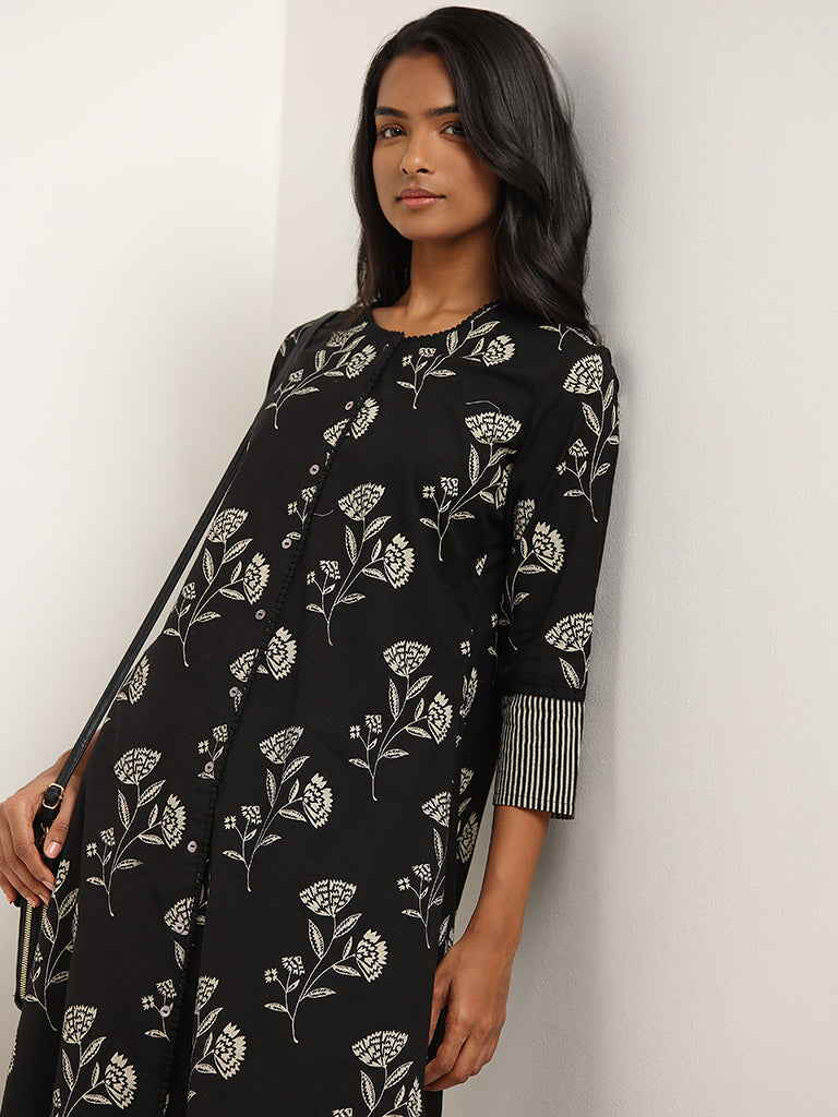 Utsa Black Floral Print Blended Linen Kurta