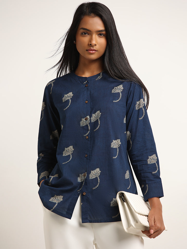 Utsa Blue Floral Print Cotton Tunic