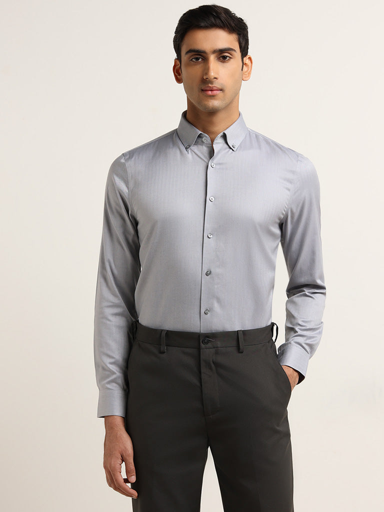 WES Formals Grey Cotton Slim Fit Shirt