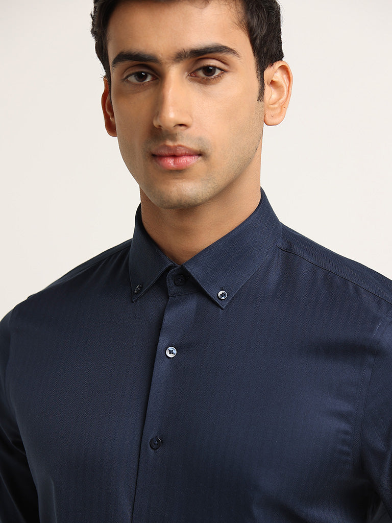 WES Formals Navy Cotton Slim Fit Shirt