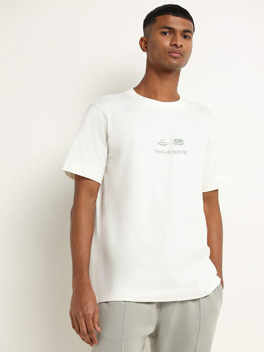 Studiofit Off-White Printed Cotton Relaxed Fit T-Shirt